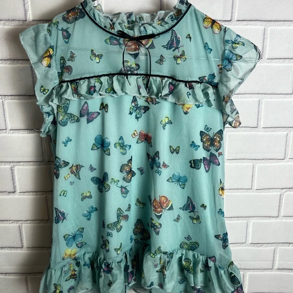Knitworks Butterfly Print Ruffle girls blouse / green size L(14)
